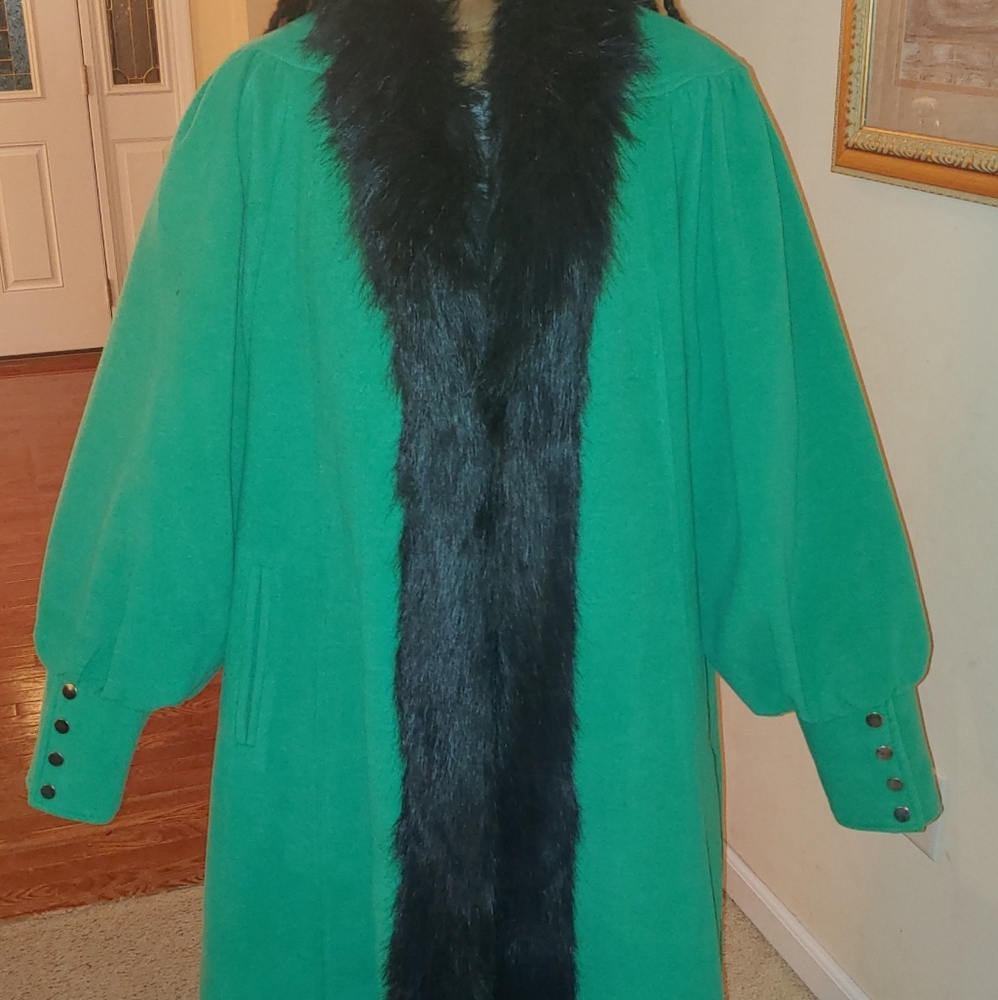 Women's Winter Coat Green with Black Faux Fur Trim